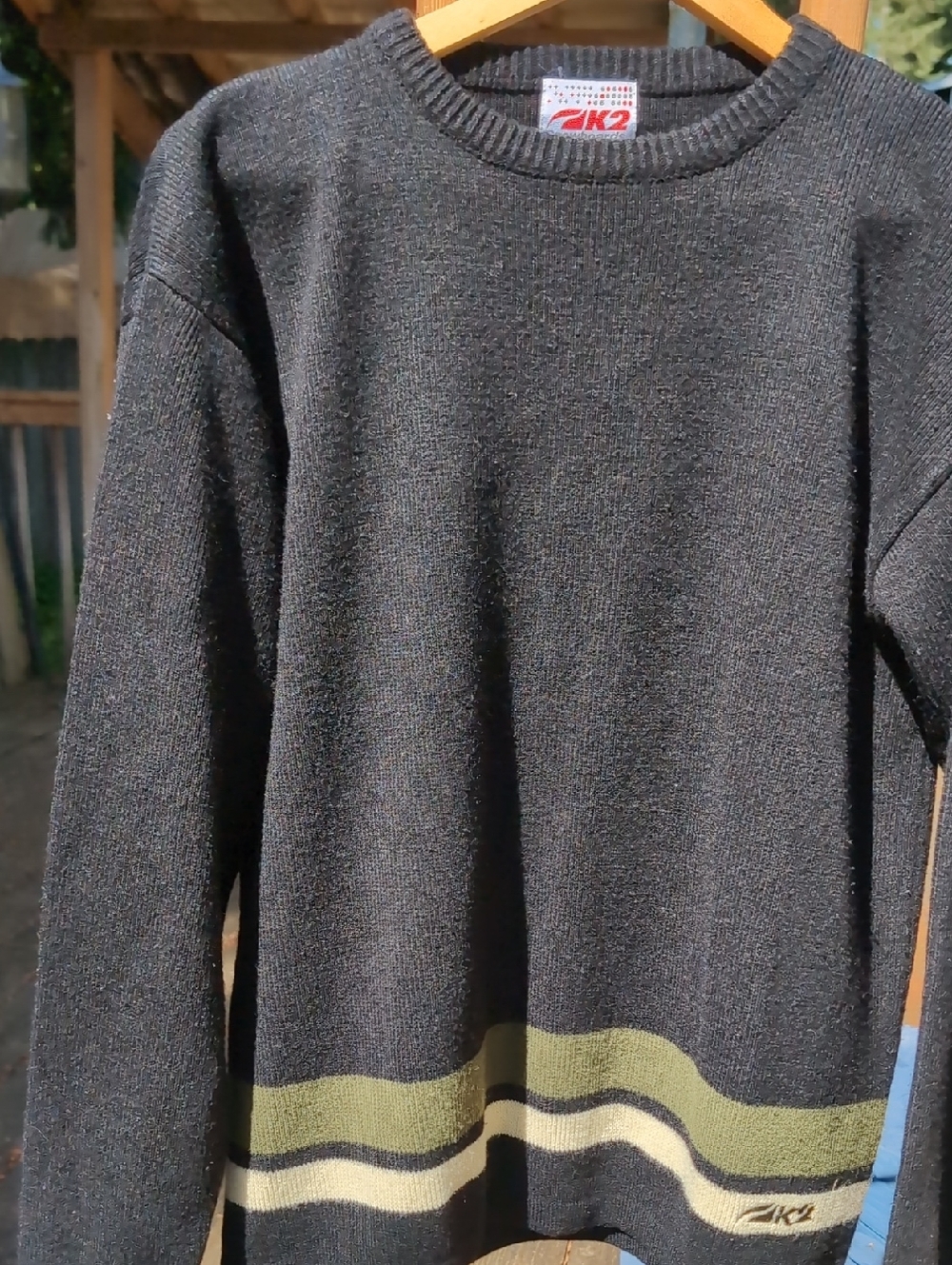 Vintage K2 Snowboards Black Crewneck Sweater with Olive & Cream Stripes